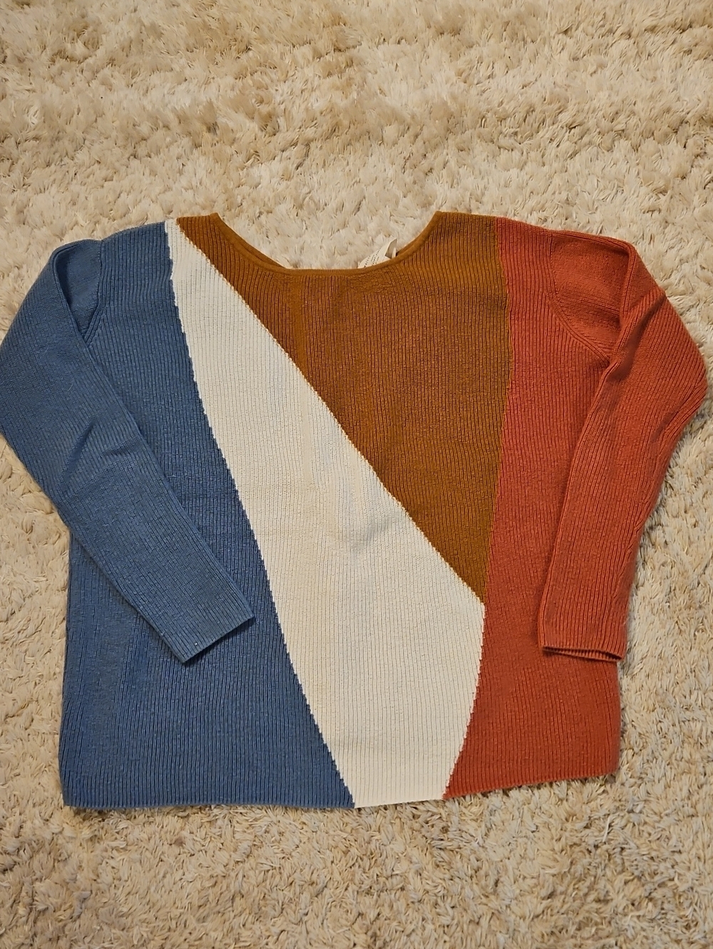 Sezane Colorblock Rib-Knit Sweater in Blue, Cream, Rust, Mustard